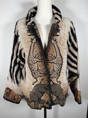 Vintage Sugar Street Weavers tapestry knit safari zebra print jacket M/L boho
